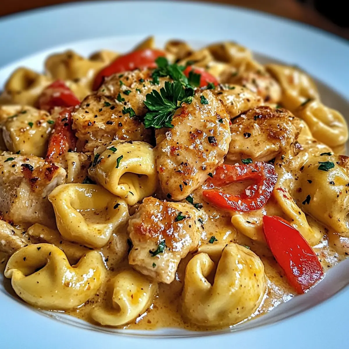Butter Knoblauch Hähnchen Tortellini mit feuergerösteten roten Paprika